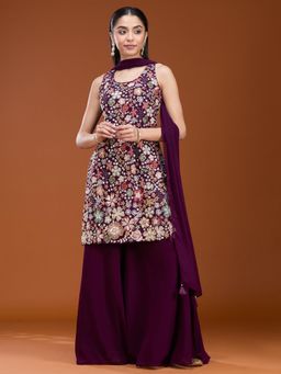 Koskii - Wine Embroidered Round Neck Sleeveless Kurti Palazzo & Dupatta