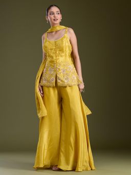 Koskii - Yellow Embellished/Sequined Shoulder Straps Sleeveless Top Palazzo & Dupatta