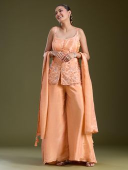 Koskii - Orange Embellished/Sequined Shoulder Straps Sleeveless Top Palazzo & Dupatta