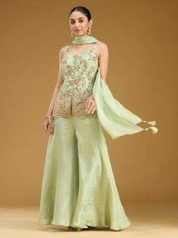 Koskii - Green Embellished/Sequined Shoulder Straps Sleeveless Top Palazzo & Dupatta