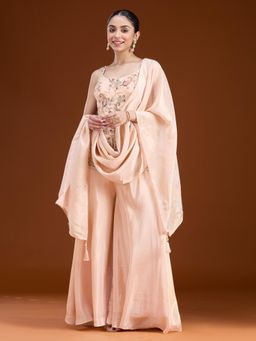 Koskii - Peach Embellished/Sequined Shoulder Straps Sleeveless Top Palazzo & Dupatta