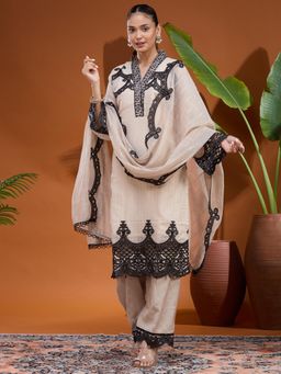 Koskii - Beige Embroidered V-Neck Three Fourth Sleeves Kurta Pant & Dupatta