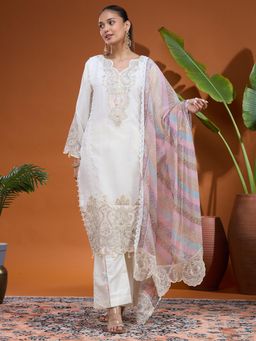 Koskii - Cream Embellished V-Neck Three Fourth Sleeves Kurta Pant & Dupatta