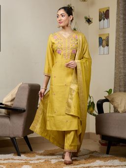Koskii - Mustard Embroidered V-Neck Three Fourth Sleeves Kurta Pant & Dupatta