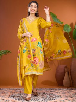 Koskii - Mustard Embroidered V-Neck Three Fourth Sleeves Kurta Pant & Dupatta