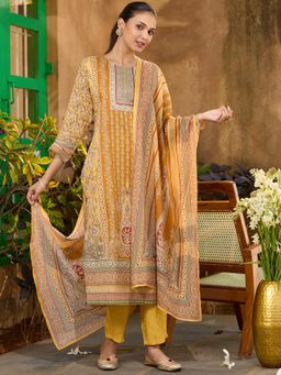Koskii - Mustard Floral Round Neck Three Fourth Sleeves Kurta Pant & Dupatta