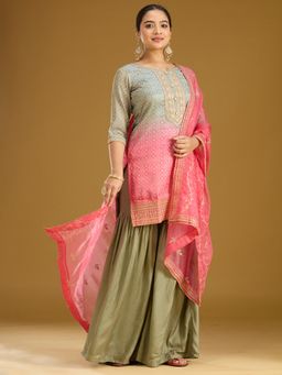 Koskii - Green Embroidered Round Neck Three Fourth Sleeves Kurti Sharara & Dupatta