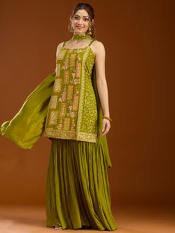 Koskii - Green Embroidered Shoulder Straps Sleeveless Kurti Sharara & Dupatta