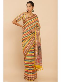 Soch - Women Multi-Color Linen Stripes Saree with Unstitched Blouse