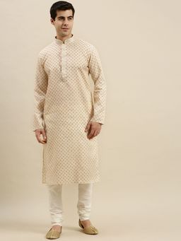 Sanwara - Mens Beige Printed Long Sleeve Cotton Elegant Kurta with Pyjama (Set of 2)