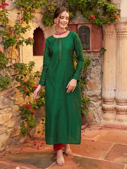 FASHOR - Solid Striped Stitched Kurta with Pant - Green (Set of 2)