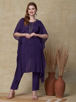FASHOR - Embellished Cutdana Kaftan with Pant - Purple (Set of 2)