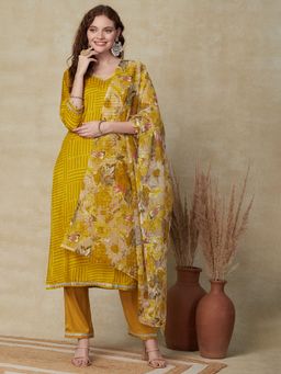 FASHOR - Abstract Printed Kurta with Pant & Dupatta - Mustard (Set of 3)