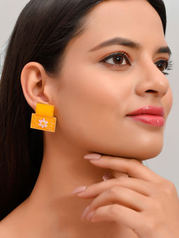 Silvermerc Designs - Yellow Square Meenakari Stud Earrings