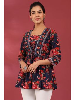 Rain & Rainbow - Women Navy Blue Pure Cotton Floral Print Empire Top