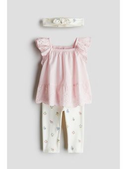 H&M - Girls Pink 3-Piece Cotton Top With Leggings And Headband