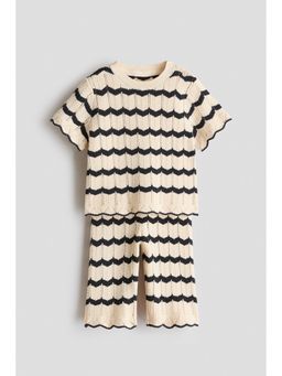 H&M - Girls Beige 2-Piece Pointelle-Knit Cotton Top And Trouser