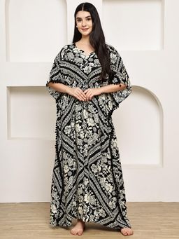 Secret Wish - Black Floral Rayon Kaftan Nighty