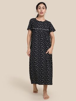 Kryptic - Womens Navy Blue Printed Pure Cotton Maxi Nightdress