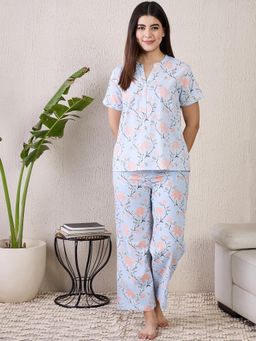 July Nightwear - Womens WPC726 Cotton Light Blue Short Kurti with Pyjama