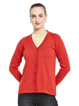 Monte Carlo - Womens Pure Wool Red Solid V Neck Cardigan