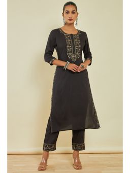 Soch - Womens Charcoal Rayon Floral Embroidery Kurta with Pant (Set of 2)