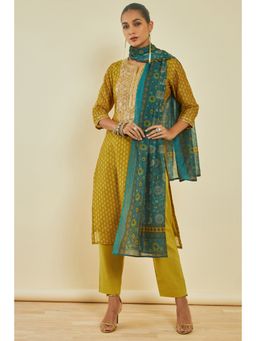 Soch - Womens Mustard Chanderi Print & Embroidery Kurta Pant with Dupatta (Set of 3)