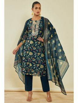 Soch - Womens Navy Blue Chanderi Embroidery Kurta Pant and Dupatta (Set of 3)