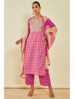 Soch - Womens Fuchsia Muslin Kurta and Pant Dupatta with Printed Designs & Embroidery (Set of 3)