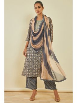 Soch - Womens Grey Muslin Kurta and Pant Dupatta with Printed Designs & Embroidery (Set of 3)