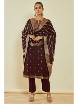 Soch - Womens Maroon Silk Kurta and Pant Dupatta with Zari & Zardozi Embroidery (Set of 3)