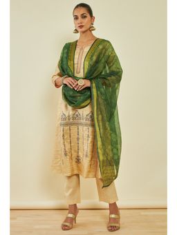 Soch - Womens Beige Silk Blend Kurta and Pant Dupatta with Floral Embroidery & Print (Set of 3)