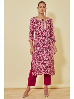 Soch - Womens Maroon Cotton Floral Print and Embroidery Kurta with Pant (Set of 2)