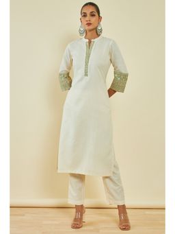 Soch - Womens Off White Silk Blend Floral Embroidery Kurta with Pant (Set of 2)