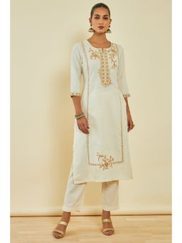 Soch - Womens Off White Silk Blend Floral Embroidery Kurta with Pant (Set of 2)