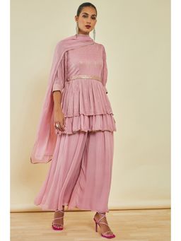 Soch - Womens Pink Georgette Sequins Kurta with Palazzo and Dupatta (Set of 3)