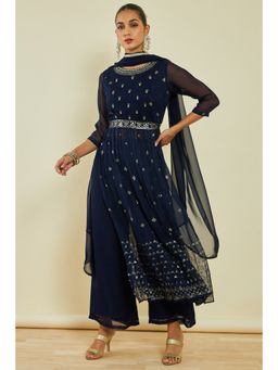 Soch - Womens Navy Blue Georgette Sequins Kurta with Palazzo and Dupatta (Set of 3)