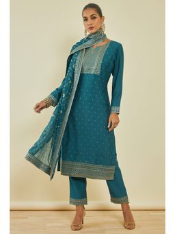 Soch - Womens Teal Chanderi Kurta and Pant Dupatta with Embroidery & Sequins (Set of 3)
