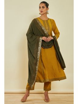 Soch - Womens Mustard Chanderi Kurta and Pant Dupatta with Embroidery & Sequins (Set of 3)
