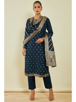Soch - Womens Navy Blue Silk Kurta and Pant Dupatta with Zardozi Embroidery & Zari (Set of 3)
