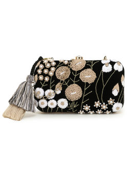 Anekaant - Gaud Black and Beige Floral Embellished Velvet Clutch