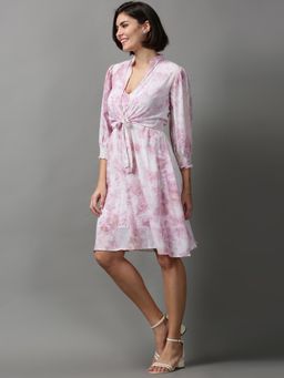 SHOWOFFFF - Womens V-neck Tie And Dye White Knee Length Dress