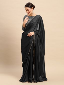 Akhilam - Womens Georgette Black Solid Designer Saree with Unstitched Blouse