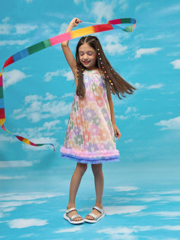 Lil Drama - Rainbow Girls Multi-Color Flower Pleating Party Dress
