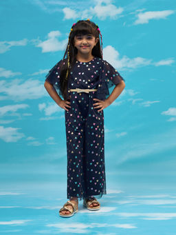 Lil Drama - Rainbow Girls Navy Blue Heart Print Party Jumpsuit with Belt (Set of 2)