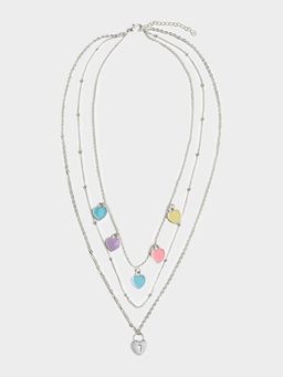 Mi Arcus - Rainbow Heart Charm Layered Necklace - Silver Chain with Lock Pendant