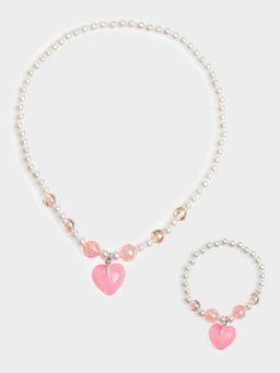 Mi Arcus - Hearts and Elegance Pearl Necklace and Bracelet Duo Set- Pink and White