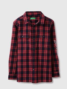 United Colors of Benetton - Red Regular Fit Spread Collar Checks Shirt