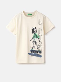 United Colors of Benetton - Off White Regular Round Neck Typography T-Shirt