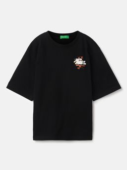 United Colors of Benetton - Black Oversized Round Neck Typography T-Shirt